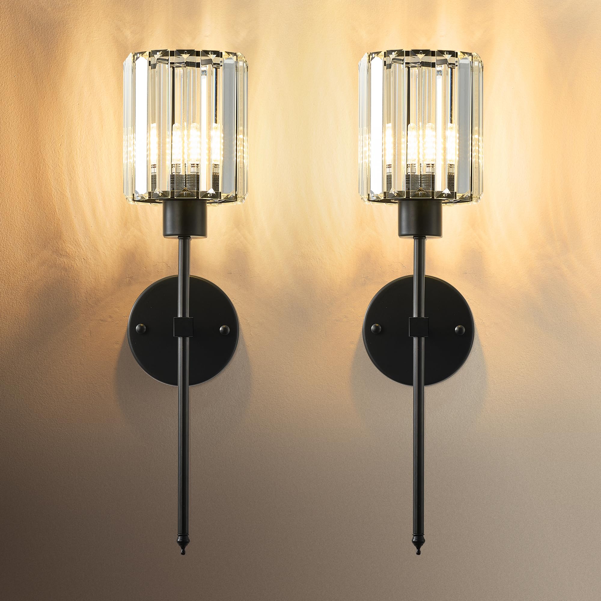 kartoosh hardwired crystal wall sconces set of 2 | 20.1 inch black wall lights dimmable 3000k warm white wall lamps for hallway, bathroom, living room, bedroom black 20.1 in cylindrical crystal lampshade