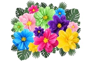 Watersay 42 Pcs Tissue Paper Flowers Faux Palm Leaves Set 12 Pcs 20''/10'' Colorful Giant Paper Flowers and 30 Pcs Tropical Leaves for Summer Hawaiian Luau Mexican Fiesta Birthday (Stylish Colors)