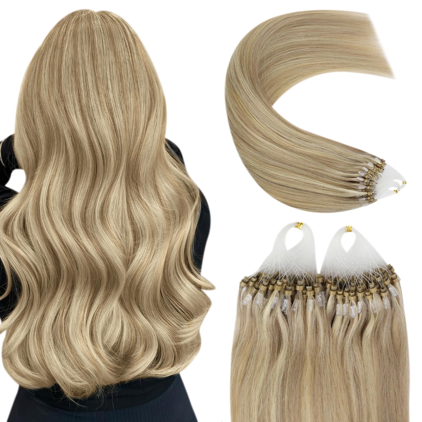 YoungSee Micro Hair Extensions Blonde 20 inch Micro Bead Hair Extensions Human Hair Dark Ash Blonde Highlights Golden Blonde Micro Ring Human Hair Extensions for Wedding Cold Fusion 50s 50g — image 1