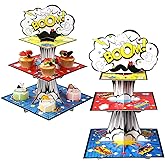 Zopeal 2 Pcs 3 Tiers Hero Cupcake Stand Hero Theme Party Supplies Action Cupcake Holder Themed Treat Stand Tower for Boys Girls Comic Book Birthday Decorations
