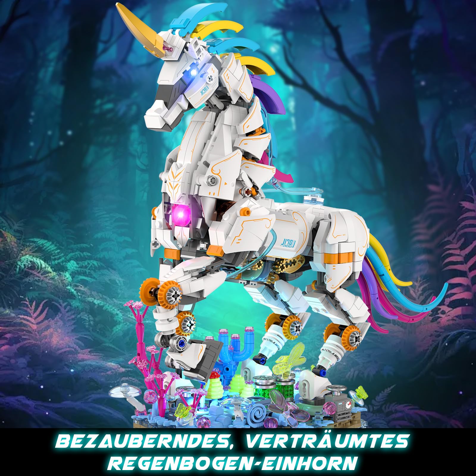 JMBricklayer Regenbogen Einhorn-Bausätze für Erwachsene mit Lichtern 70008, Myth Art Creator Animals Display-Ideen Klemmbausteine, Heimdekor, Geburtstagsgeschenke für Kinder ab 14 Jahren (1492 Teile) 2