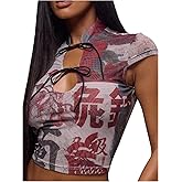 RoseSeek Women's Mandarin Collared Cut Out Top Floral Graphic Crop Tops Cap Sleeve T Shirts