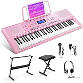 Eastar Electronic Keyboard Piano Kit 61 Key for Beginner, Children Digital E Piano with Stand, Bench, Music Stand and Microphone, Pink, Musical Instrument Birthday Gifts for Kids Girls Daughter