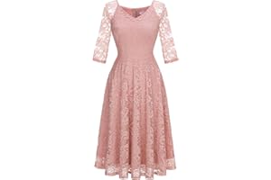 Dressystar Womens Long-Sleeve Wedding Guest Dress A-Line Lace Formal Party Cocktail Midi Dress Prom Gown