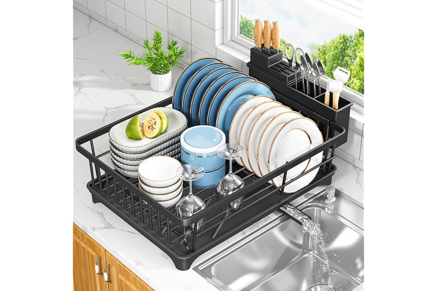 Kmiectse Dish Drying Rack - Space-Saving Small Dish Rack for Kitchen Counter, Rust-Resistant Kitchen Drying Rack, Compact Dish Drainer Organizer with Utensil Holder for Home Kitchen, Black