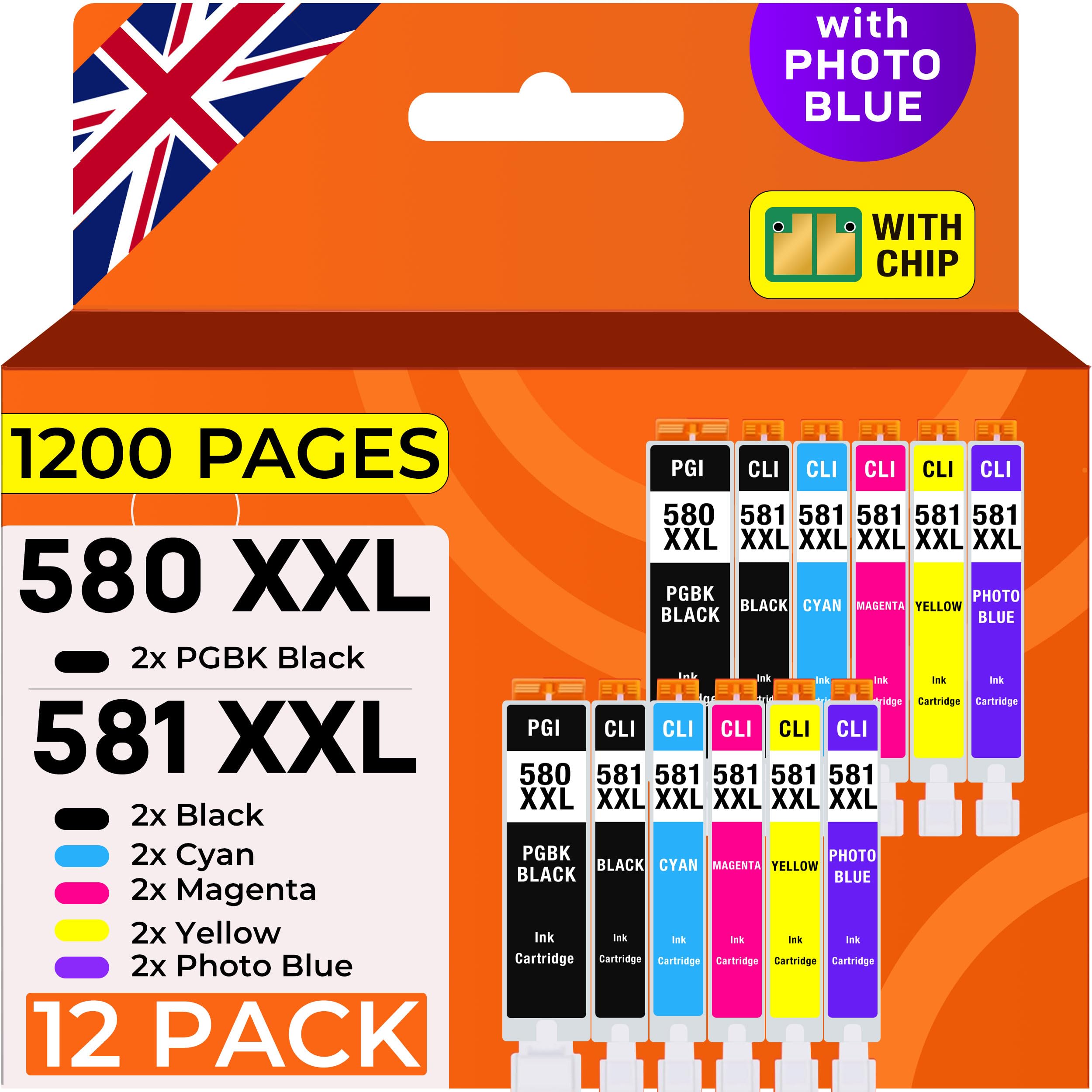 Supply Guy 580XXL 581XXL printer cartridges compatible with Canon PGI-580 CLI-581 for Pixma TS8350 Series, TS8350a, TS8100 Series, TS8200 Series Multipack 12 cartridges 580 581 XXL