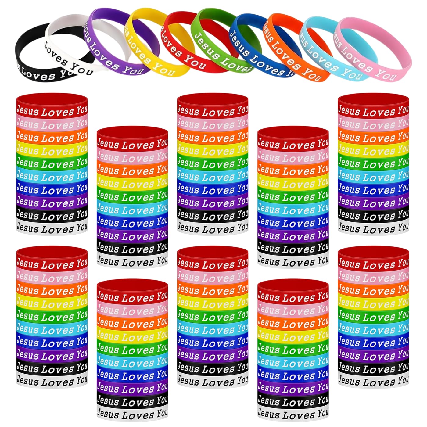 RETZLA 110 Pcs Jesus Loves You Silicone Bracelet - Colorful Christian Wristbands for Religious Party Favors, Rubber Jesus Bracelet & Bible Verse Scripture Wristbands in Bulk Christian Gifts