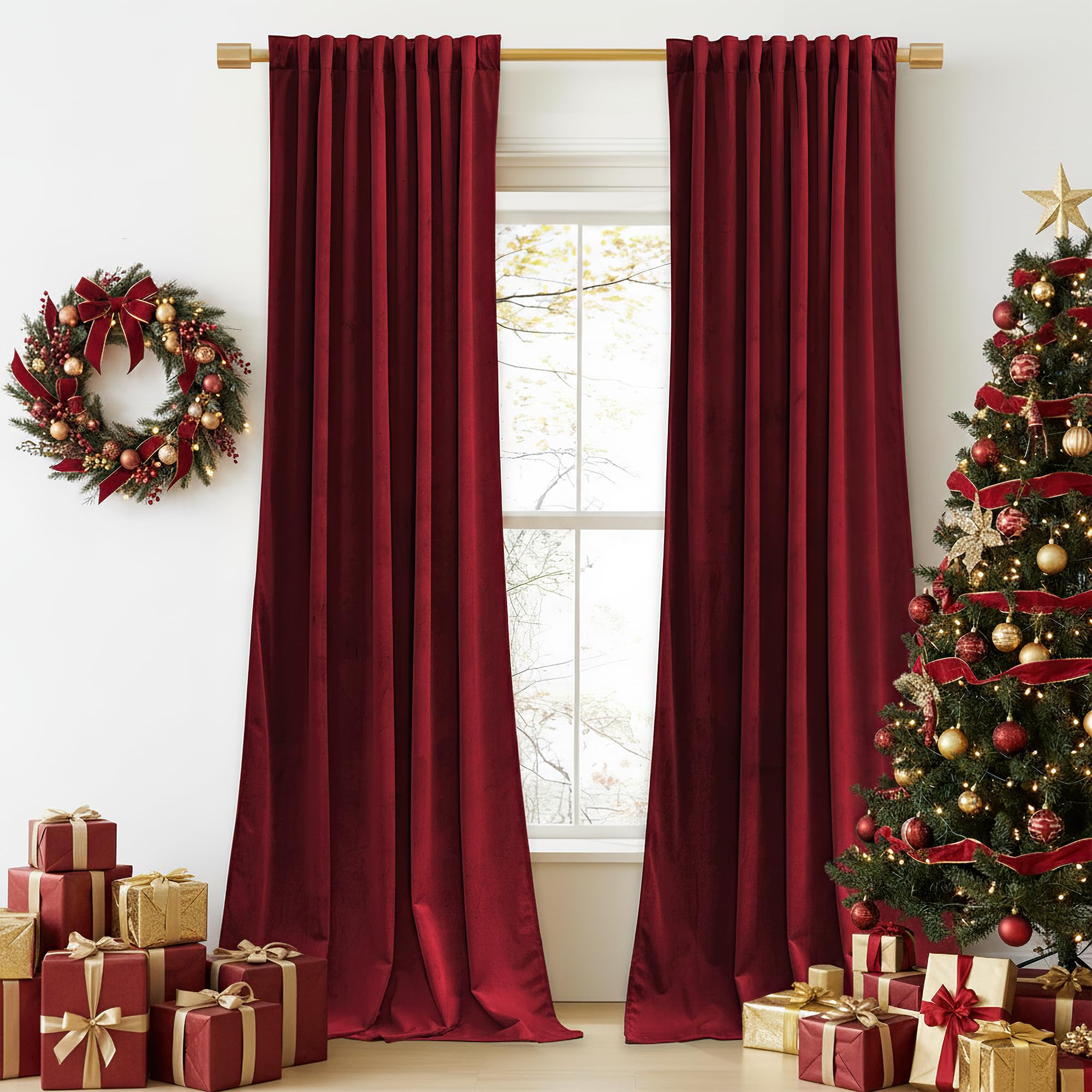 StangH Red Velvet Curtains 52 x 132 inches Long for Living Room Bedroom, Christmas Decor Back Tab Thermal Insulated Privacy Protect Drapes for Home Theater, W52 x L132, 2 Panels Image