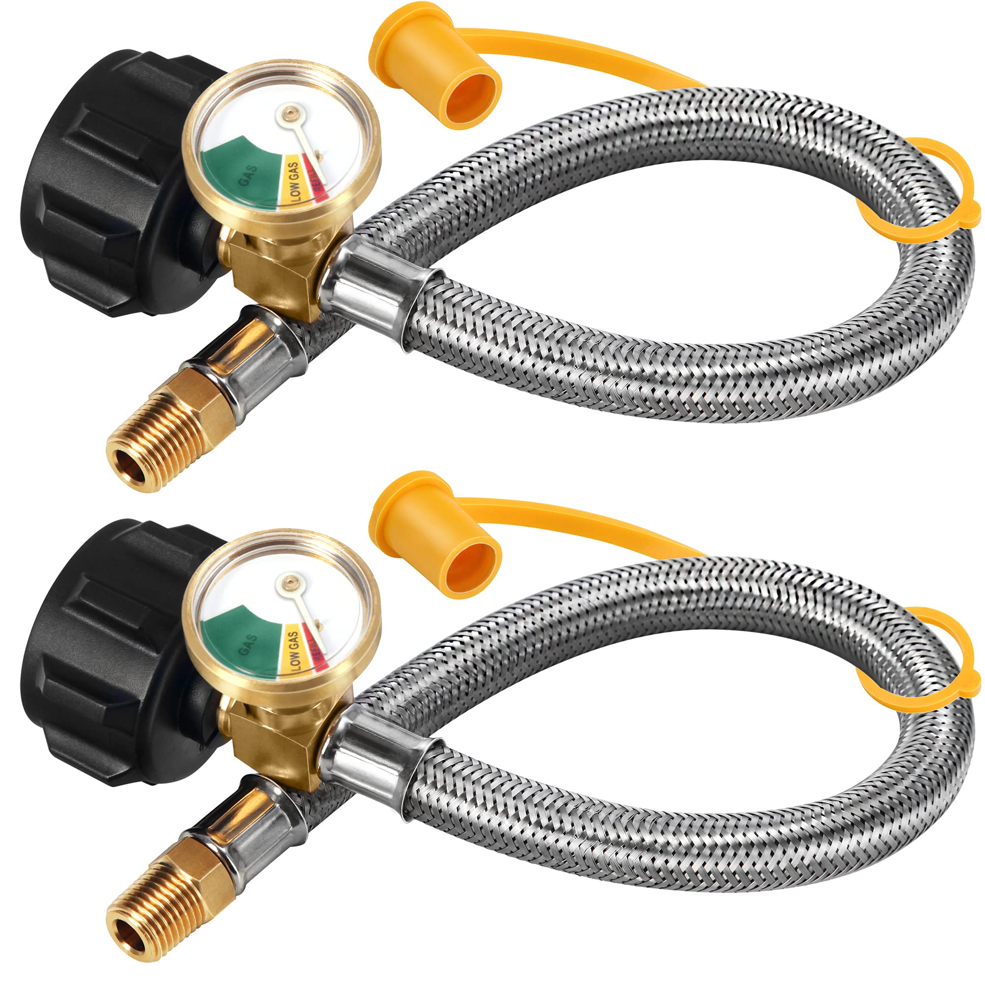 LONGADS 2 Packs RV Propane Hoses with Gauge, 15 Inch Stainless Steel Braided Camper Tank Hose,Rv lp Gas Hoses Connector for Standard Two-Stage Regulator, 40Lb 250PSI, 1/4 NPT /QCC1 Fittings