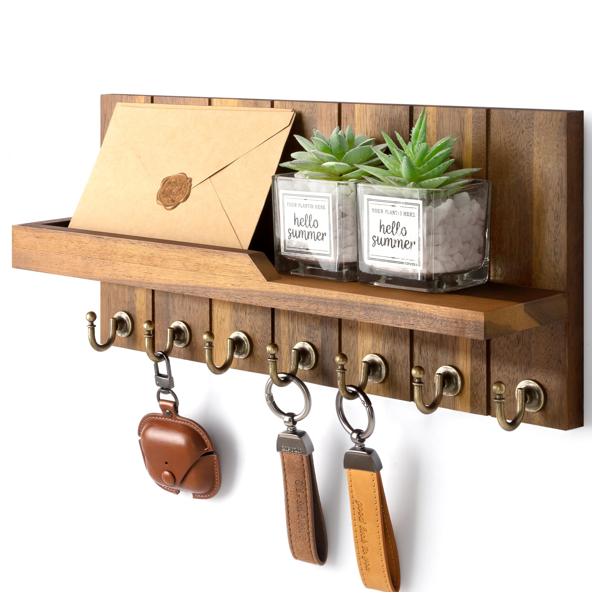 Rebee Vision Key Holder Wall Mount for Home Decor - Key Holder for Wall with Floating Shelf for Hanging Coats & Hats - to Elevate Farmhouse Decor (Acacia Wood, 3.54''×15''×7.28'') Image