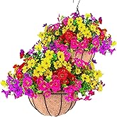2 Set Outdoor Realistic Flowers with 12" Hanging Basket Planters, 24 Pcs Long-Lasting Vibrant Colors(Pink, Yellow, Purple, Red) Mums for Spring Summer Front Porch Patio Balcony Garden Home Decor