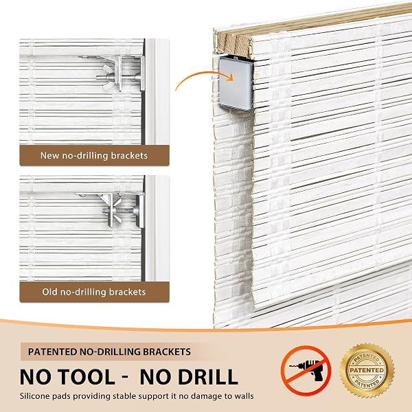LAZBLINDS NO TOOLS NO DRILL CORDLESS BAMBOO ROMAN SHADES, LIGHT FILTERING WINDOW TREATMENT, ROLL UP BAMBOO BLINDS FOR WINDOWS 23” W X 64” H, WHITEWASH T