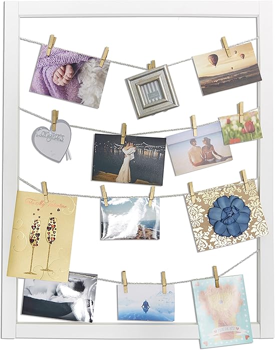 Reimagine Hanging Photo Display- Wood Wall Picture Frame Collage Board for Hanging Prints, Instax, Polaroid, Holiday Cards, Artwork- Display 2 Ways- Adjustable String, 40 Gold Clothespin Clips-White