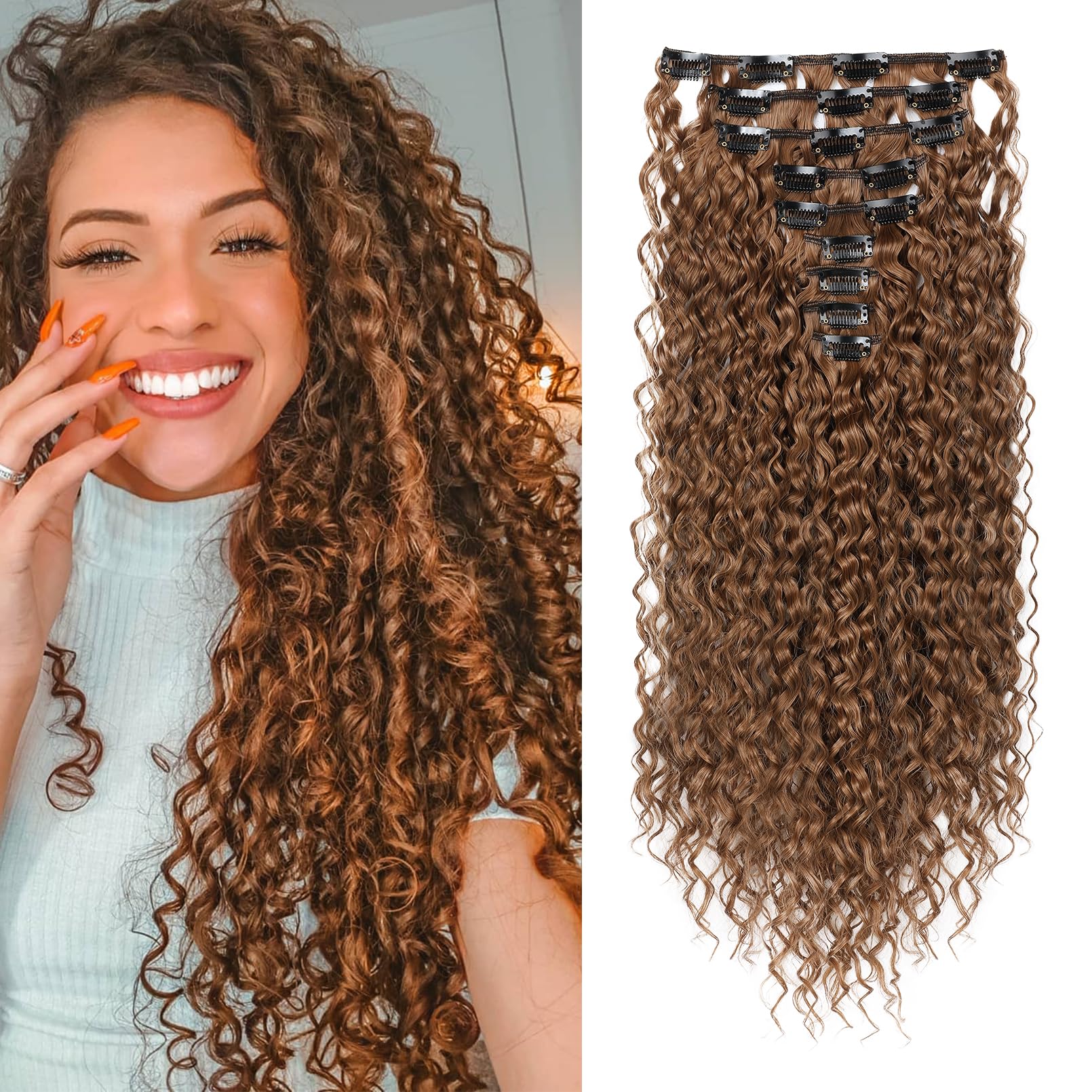 Photo 1 of FLUFYMOOZ 9PCS Clip in Hair Extensions 22 Inch Curly Hair Extension Long Soft Synthetic Hairpieces for Women (Chestnut Brown)