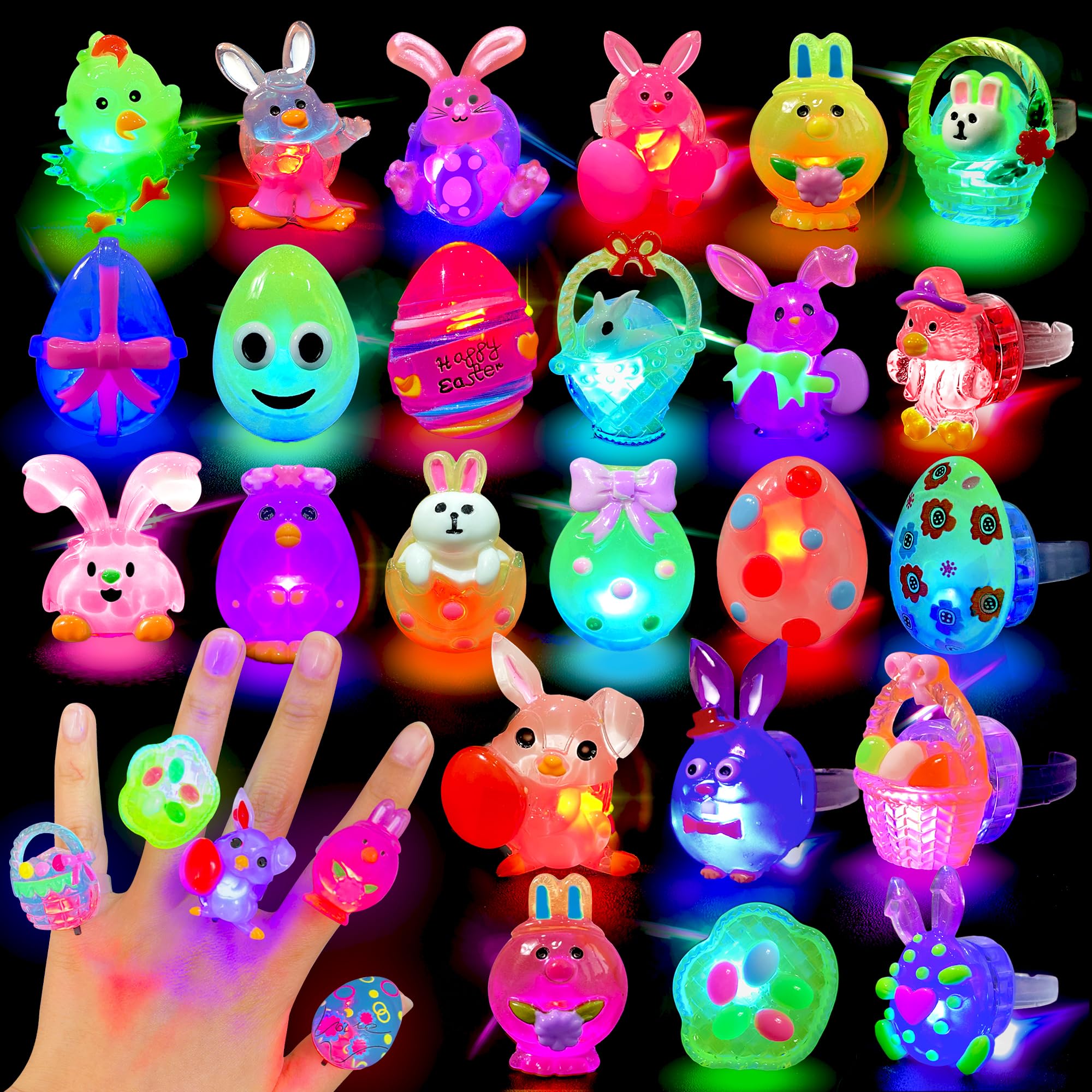 AIVEI Easter Egg Fillers Light Up Rings - 28Pcs Glow in the Dark Party Favors, Easter Basket Stuffers Toys Gifts for Kids Teens Girls Boys