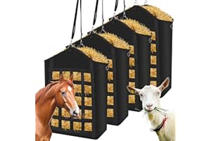 LeadGoods Hay Bags for Horses, 4pcs Slow Feed Hay Bags for Horses, Goats, Sheep, Donkey, Premium Oxford Hay Feed Bags with Front Hay Nets Design, Easy to Fill and Hang with Large Opening - Black