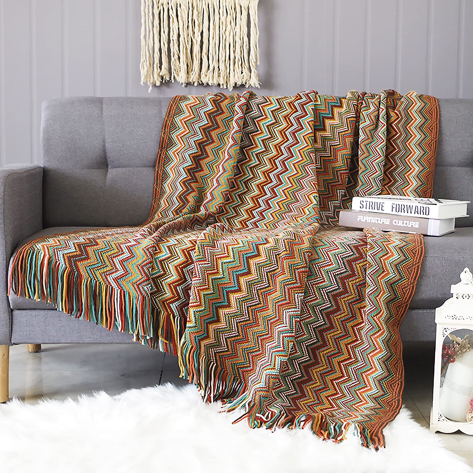 LumiSyne Knitted Throw Blanket Tassels Houndstooth Bohemian Check Soft Cozy Woven Blanket Sofa Throws Warm Armchair Cover Decorative Blanket For Couch Bed Settee 230x130cm
