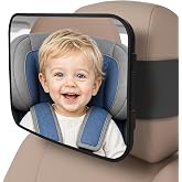Car Mirror for Baby, Baby Car Mirror for Rear Facing Carseat Shatterproof | Extra Wide Anti-Slip Strap, Universal Fits Fixed &amp; Adjustable Headrests, HD Wide Angle View, 360&deg; Swivel Adjustment