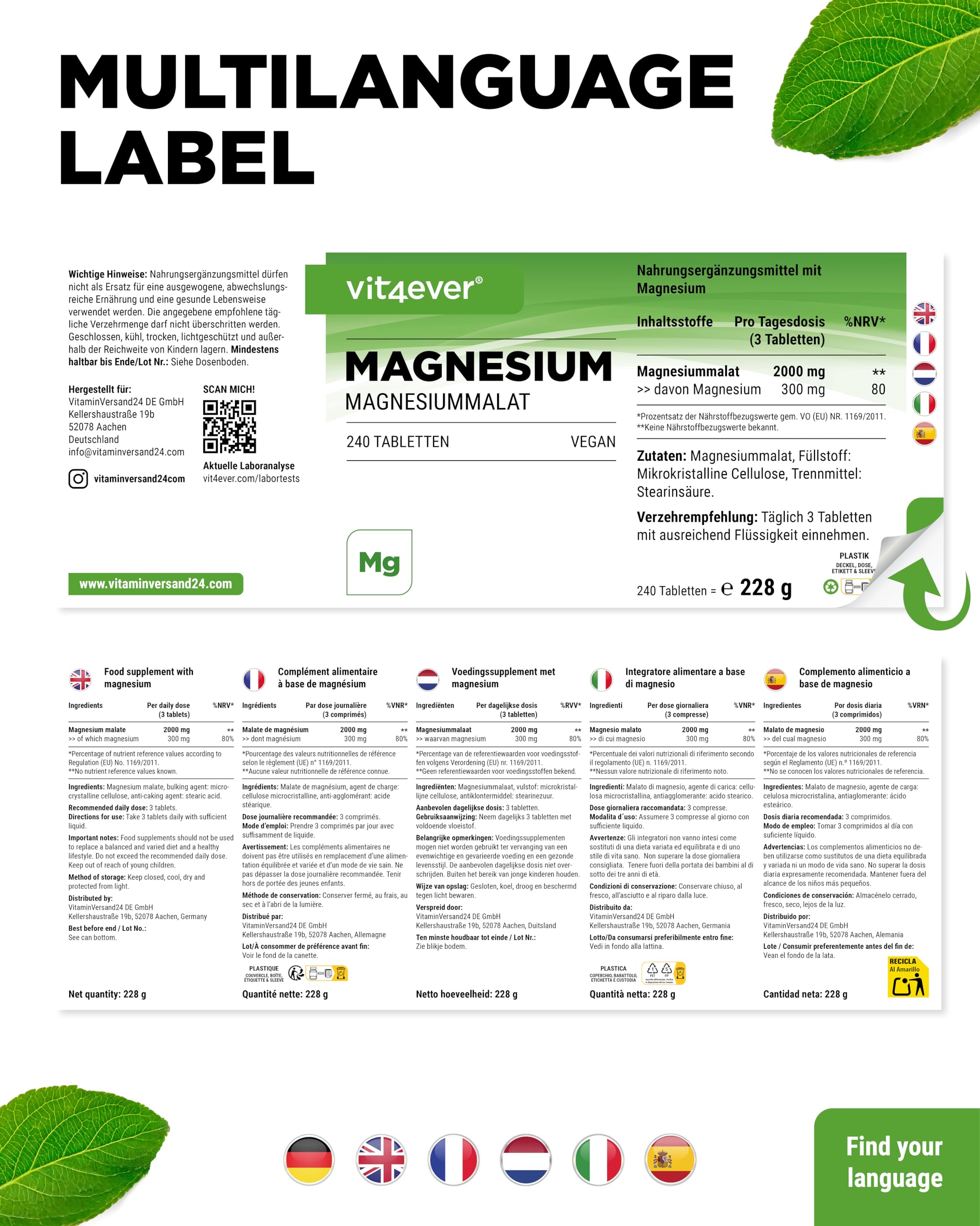 vit4ever Magnesium Malat - 240 Tabletten - 300 mg Magnesium 6