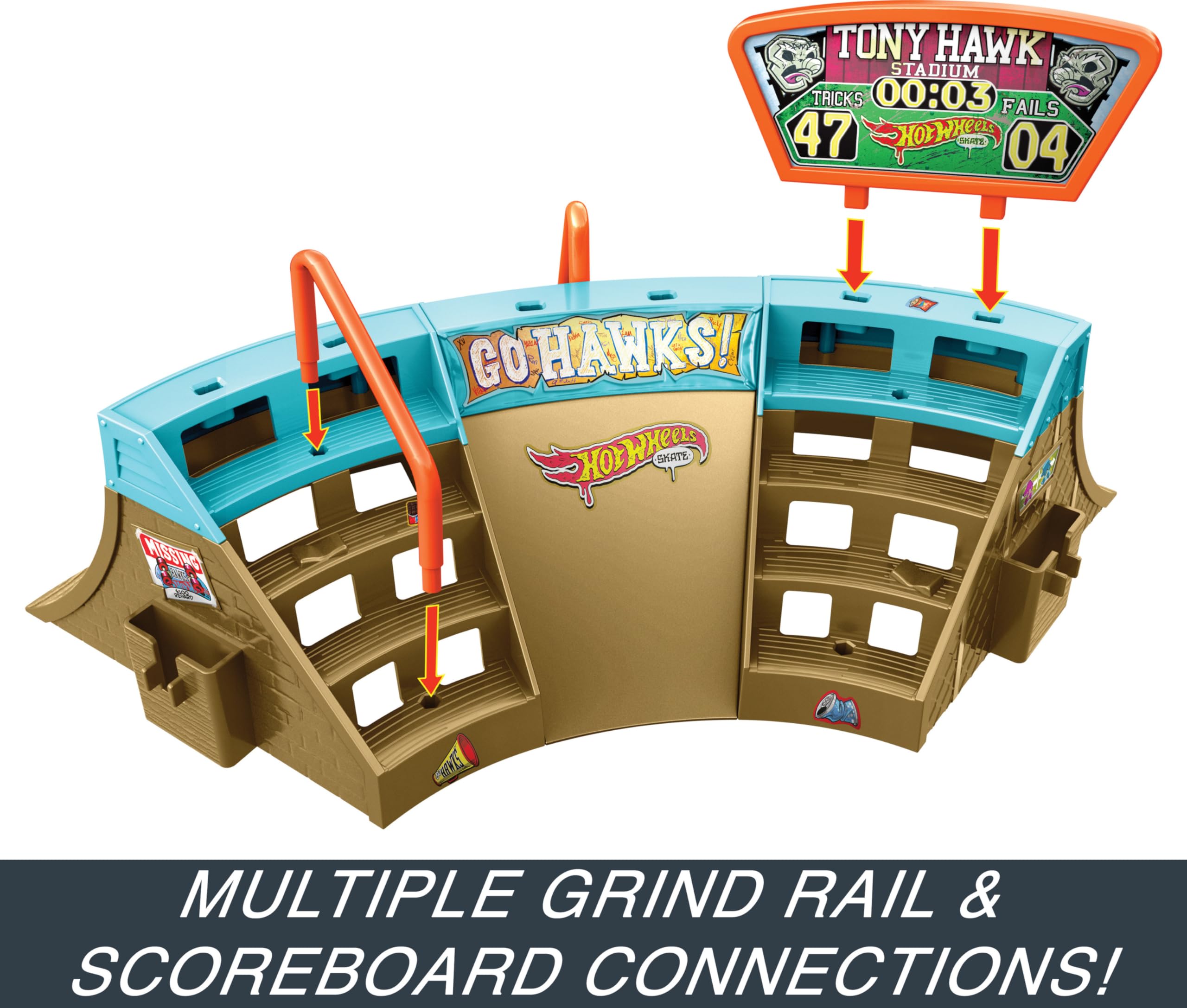 Hot Wheels Skate Stadium Playset Designed with Tony Hawk, 1 Exclusive Fingerboard & Pair of Skate Shoes, Plus Storage