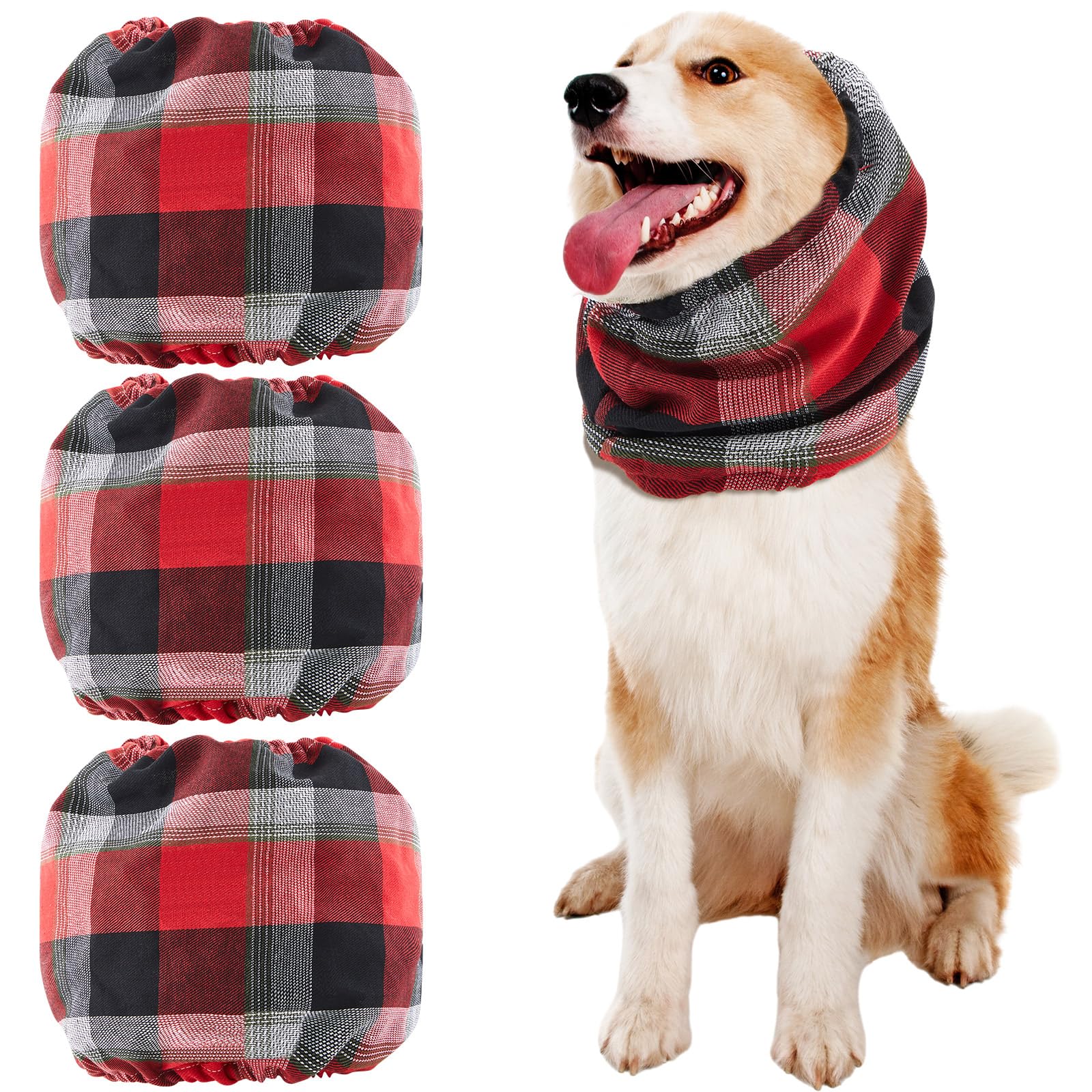 Geyoga 3 Pcs Snood for Dogs Ears Wrap Red Black Plaid Dog Calming Earmuffs Winter Puppy Hats Noise Cancelling Anxiety Relief Puppy Hoodies for Christmas Wearing in Bathing Grooming Ear Care(Large)