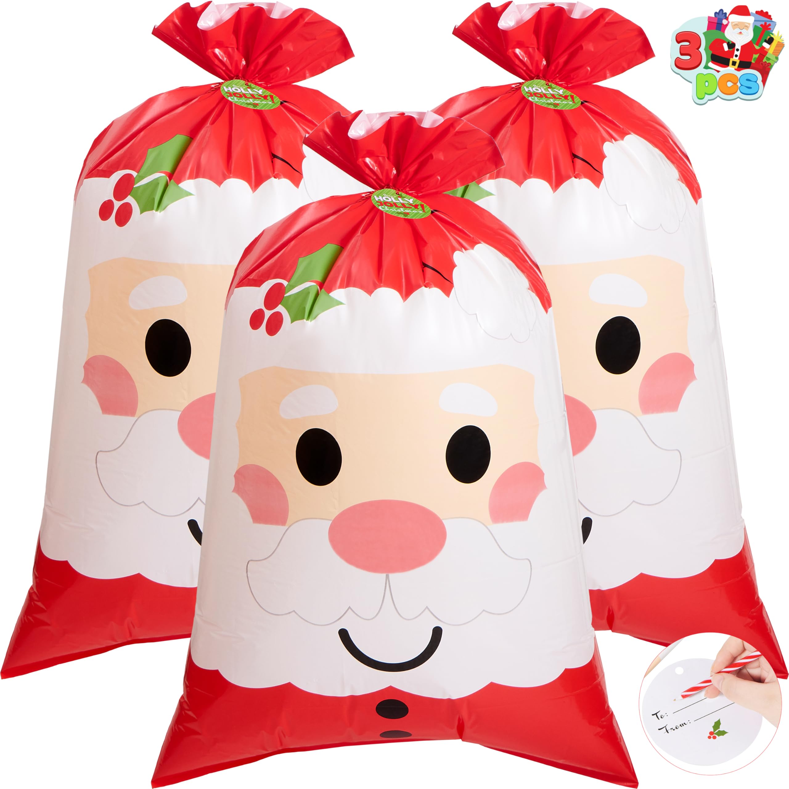 JOYIN 3 PCs Jumbo Holiday Santa Gift Bag 56”x36” with Gift Tags for Christmas Season, Gift Giving, Holiday Presents, Giant Gifts Decorations