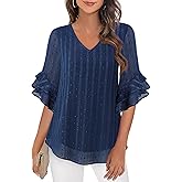 VALOLIA Womens Blouses 3/4 Sleeve Dressy Tops Business Casual Double Layers Shirts