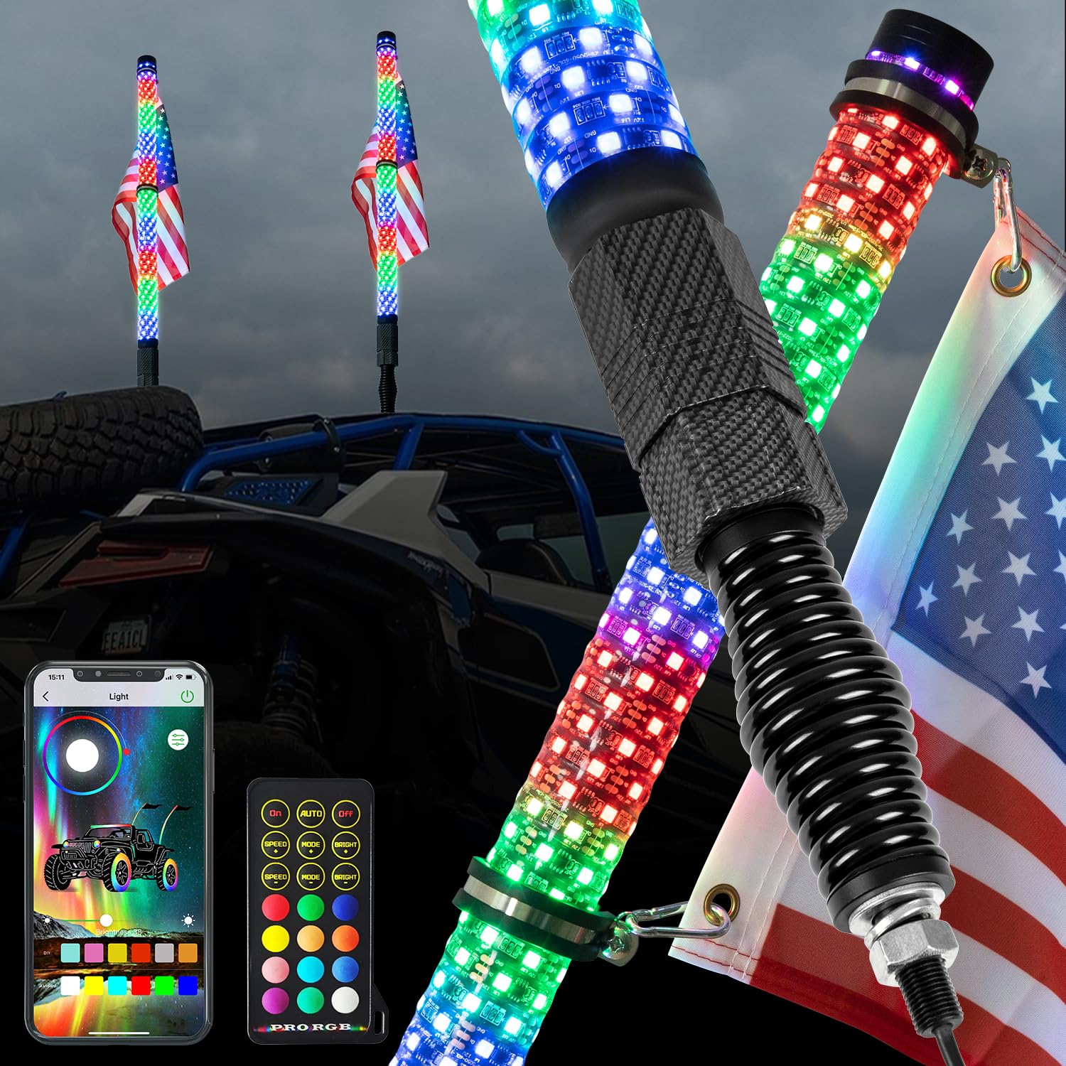OHMU 2Pcs 3FT LED Fat Whip Lights with Spring Base
