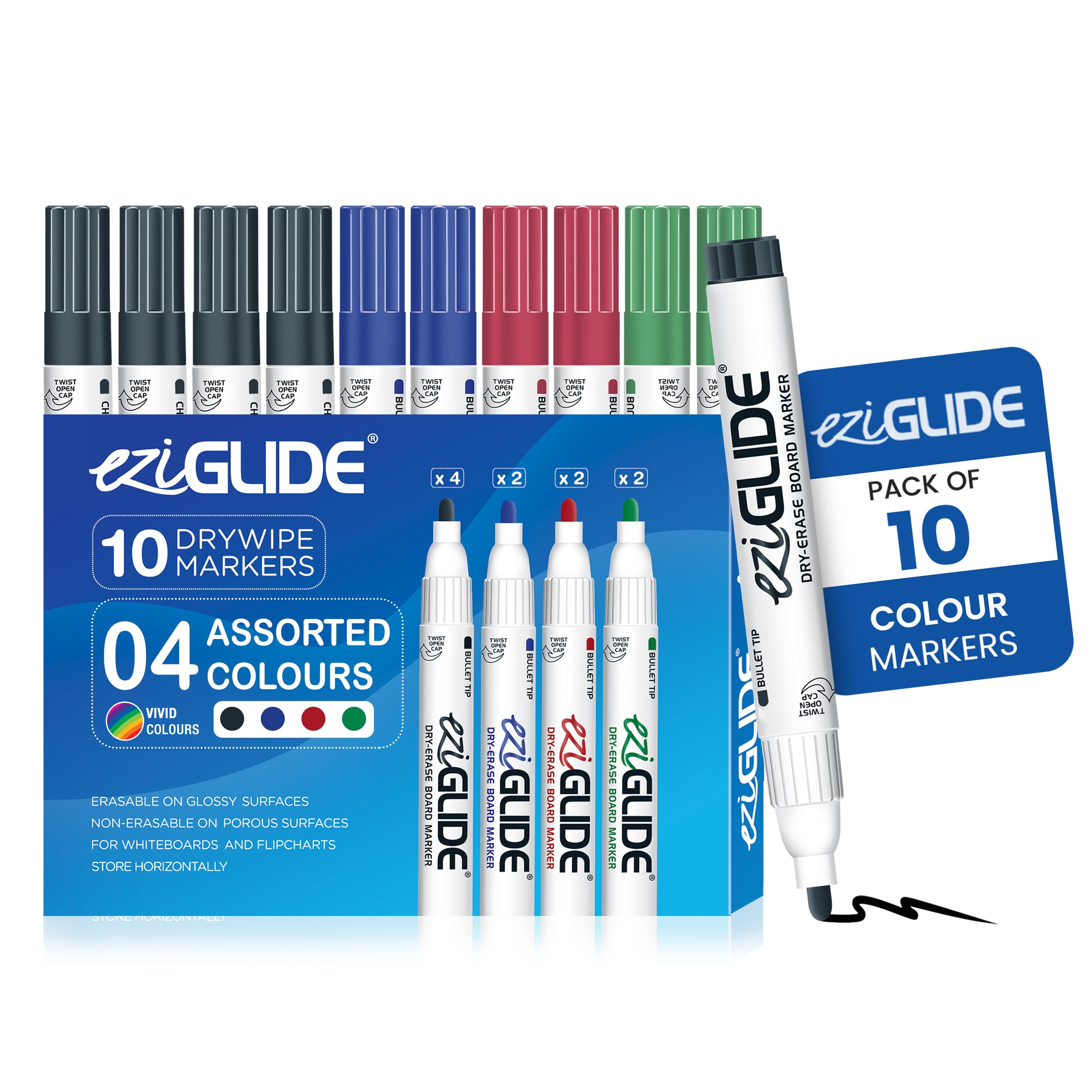 Eziglide 10-Pack Whiteboard Pens Bullet Tip – 4 Assorted Colors, Quick-Dry, Smudge-Free Ink - Ideal for Whiteboard, School, Classrooms, Flipcharts & Office Use (Black, Blue, Red & Green)