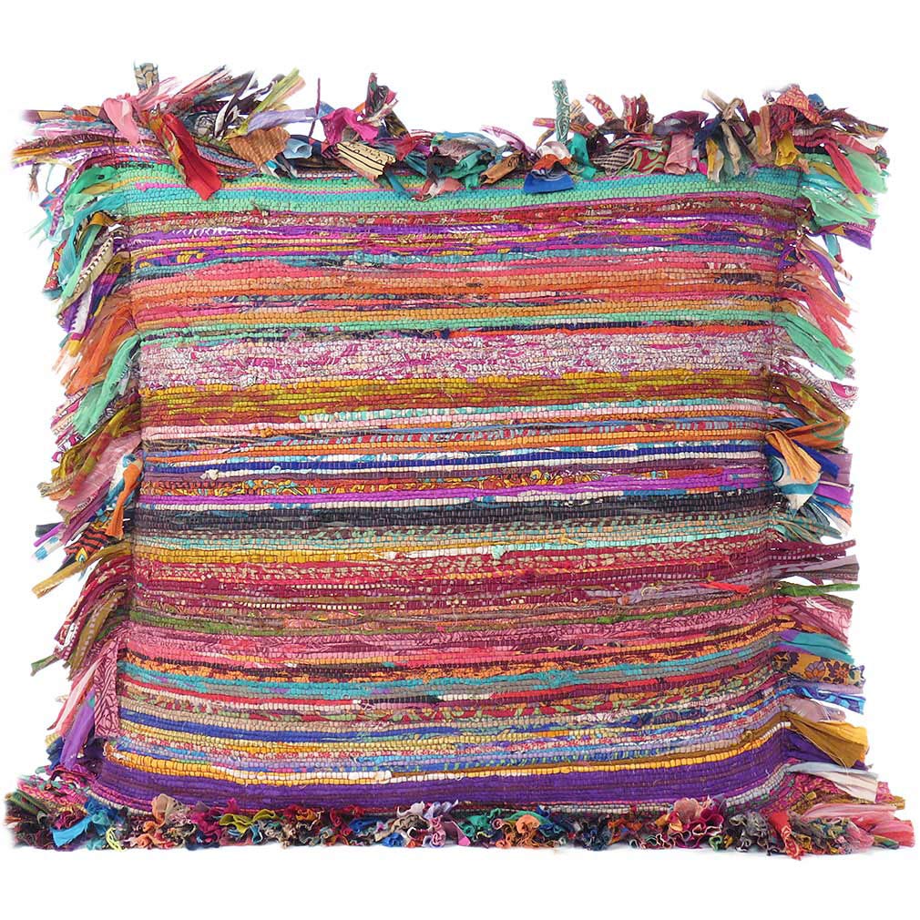 Eyes of India Colorful Chindi Boho Throw Pillow Cover, Decorative Rag Rug Bohemian Handmade Cushion Case for Couch Sofa Bed Living Room, 24x24 inch (60x60 cm), Brown
