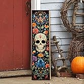 Halloween Dia De Los Muertos Wooden Skull Welcome Sign, Fall Porch Sign for Front Door Decorations, 31.5