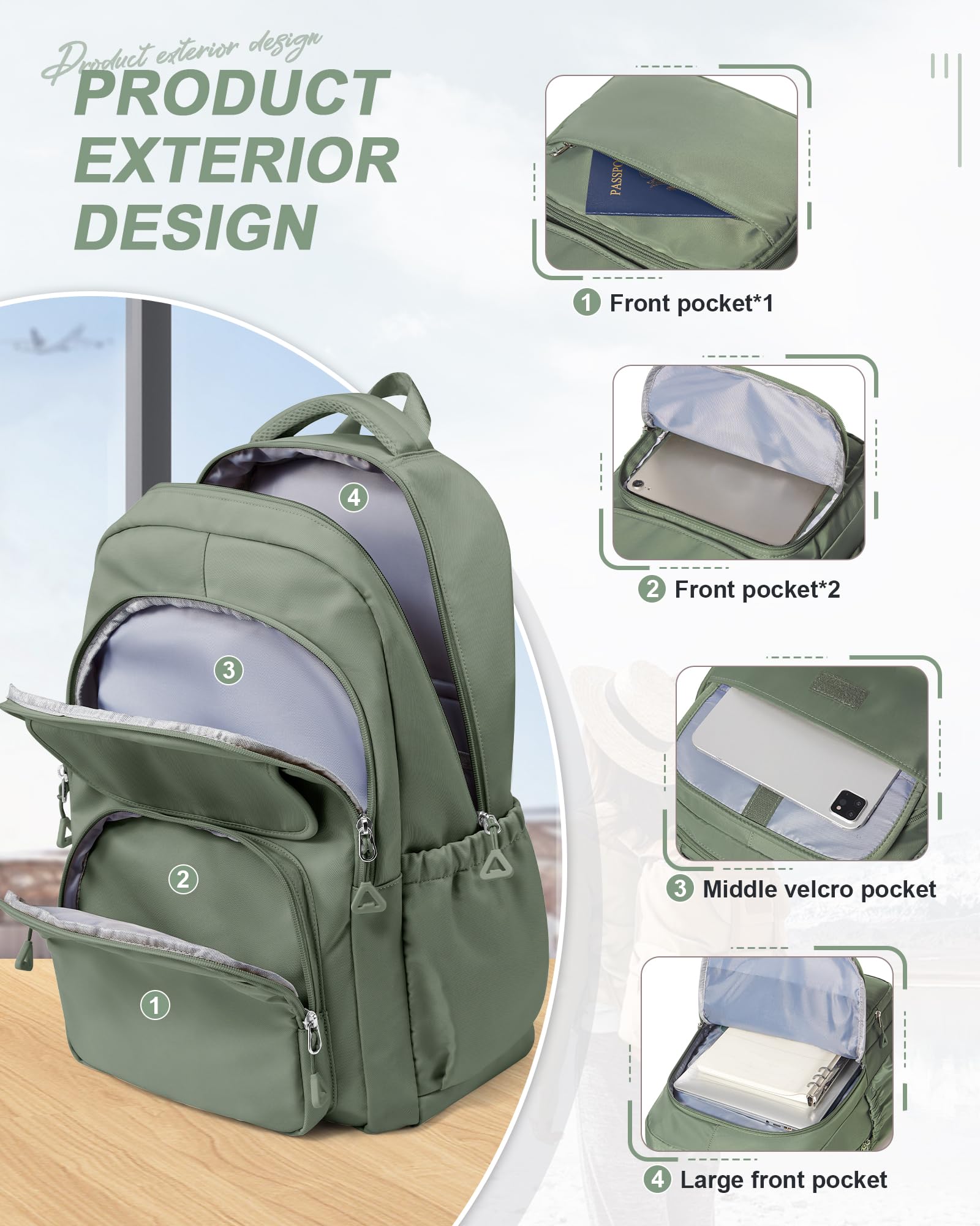 School Backpack for Women Men, Waterproof Backpacks for Girls 15.6 Laptop Multifunction Casual Daypack, Basic College Backpack School Bookbag Mochilas Escolares para Niñas, Green