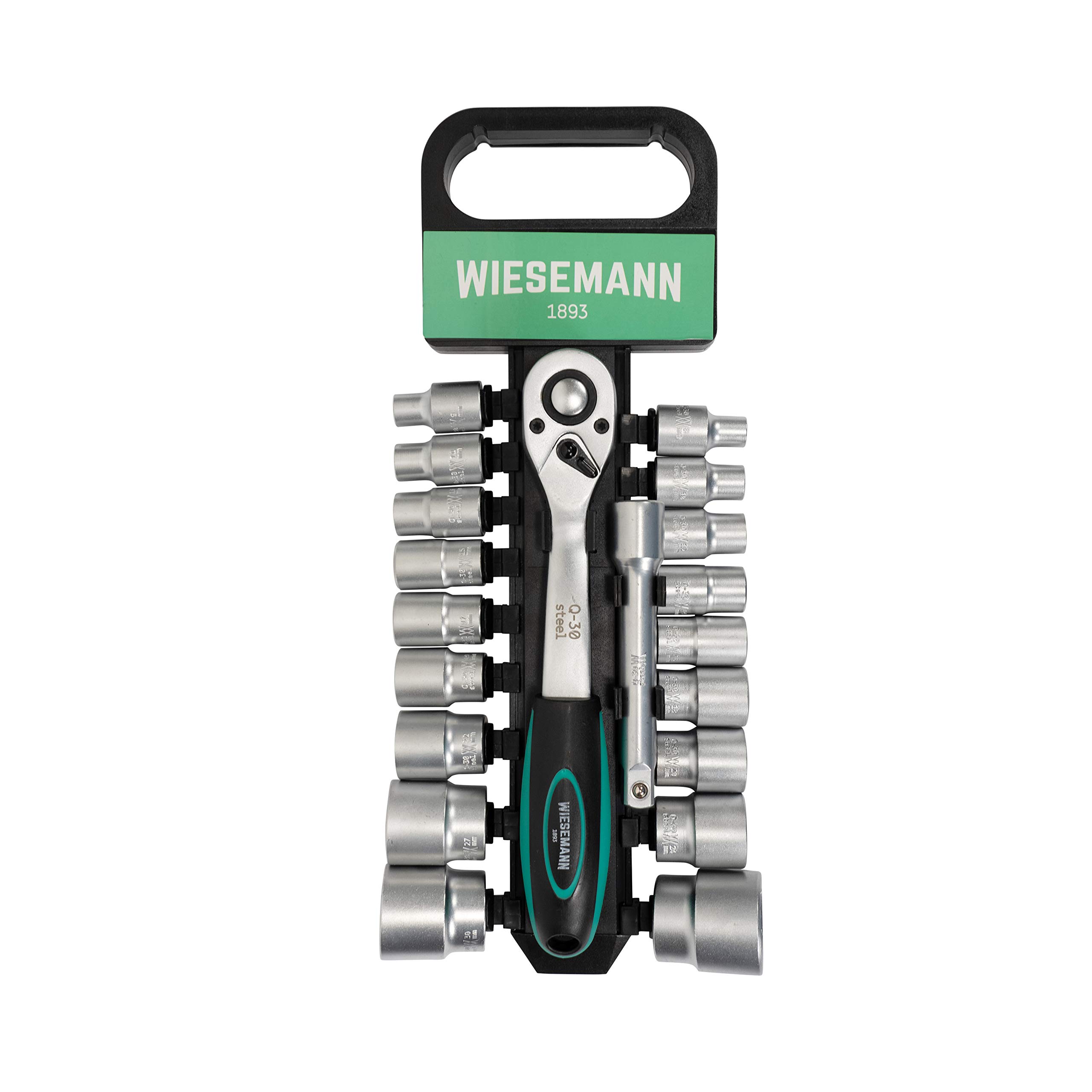 WIESEMANN 1893 Socket Wrench Set 20 pcs with 1/2" Ratchet, 8mm - 32mm Hexagon bit Inserts and Extension 125mm Chrome Vanadium Steel with Holder from I 80041