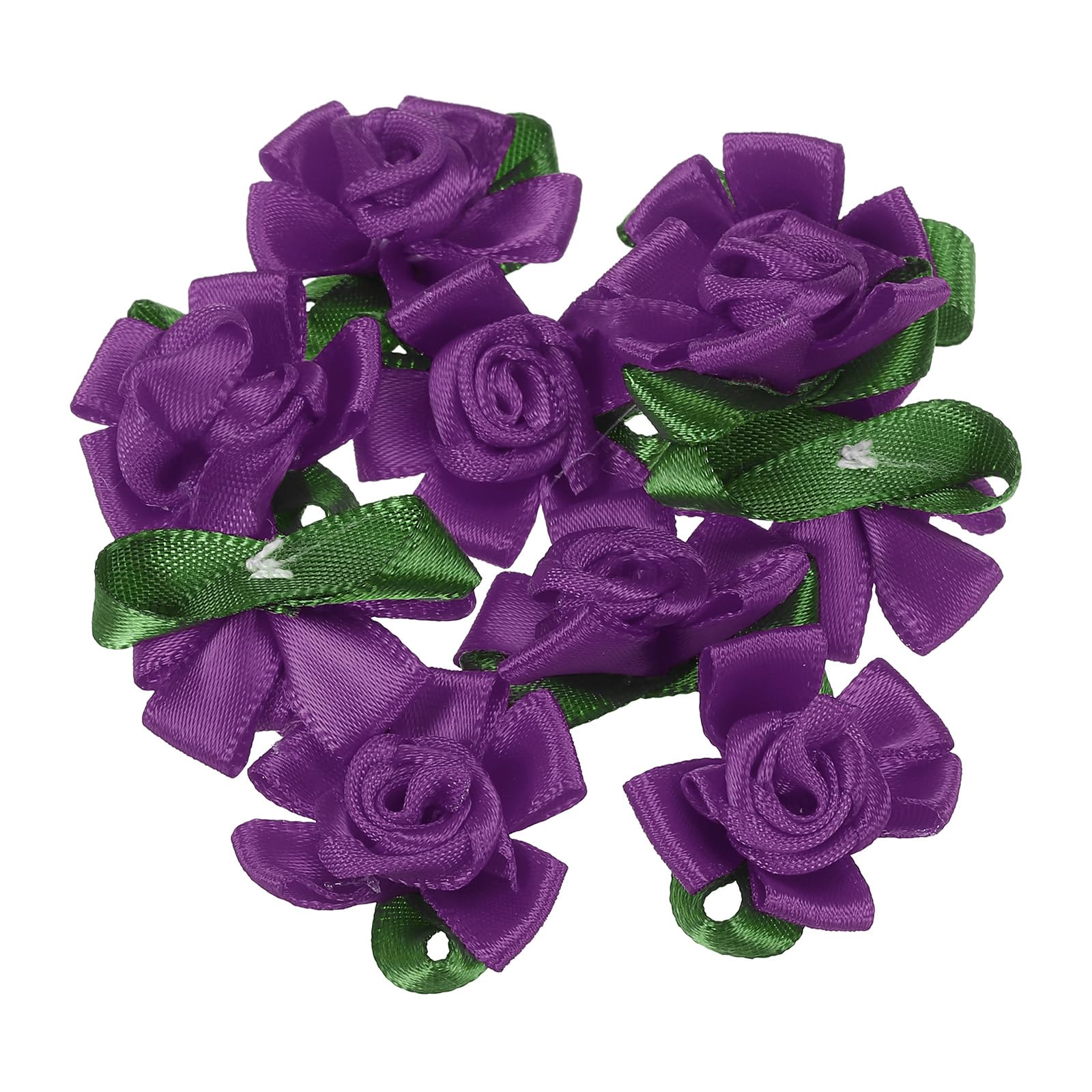 PATIKIL Mini Satin Ribbon Roses, 30 Pcs Small Rosettes Fabric Flowers with Green Leaves for Craft Projects Embellishments Applique, Dark Purple