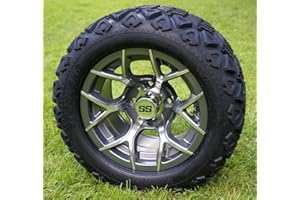 GOLF CART TIRE SUPPLY 12" RALLY Gunmetal Golf Cart Wheels and 20x10-12 DOT All Terrain Golf Cart Tires - Set of 4 - NO LIFT REQUIRED (read description)