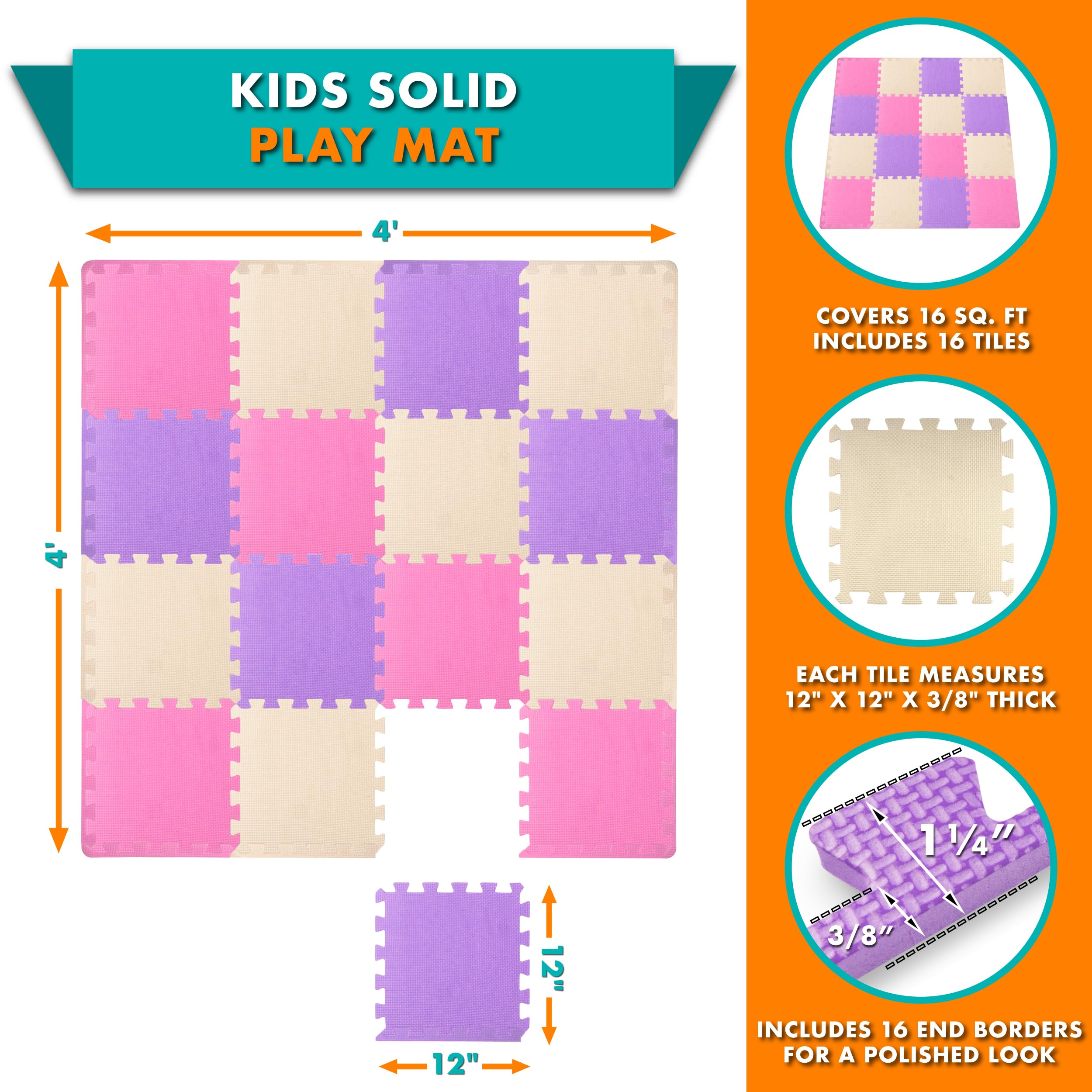ProSource Foam Puzzle Floor Play Mat for Kids and Babies with Solid Colors, 36 or 16 Interlocking Tiles with Borders, Pink/Purple/Beige