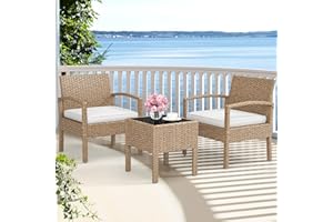 YITAHOME 3-Piece Outdoor Wicker Bistro Set, All-Weather Rattan Patio Furniture Conversation Chairs with Glass Side Table & Beige Soft Cushions for Backyard, Balcony and Deck, Light Brown+Beige