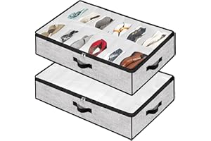 Meerainy Under Bed Shoe Storage Organizer for Closet 2 Pack- Fits 24 Pairs Underbed Shoes Container Boxes with 2 Sturdy Handles and Clear Window,Foldable Shoe Rack Holder, Light Grey