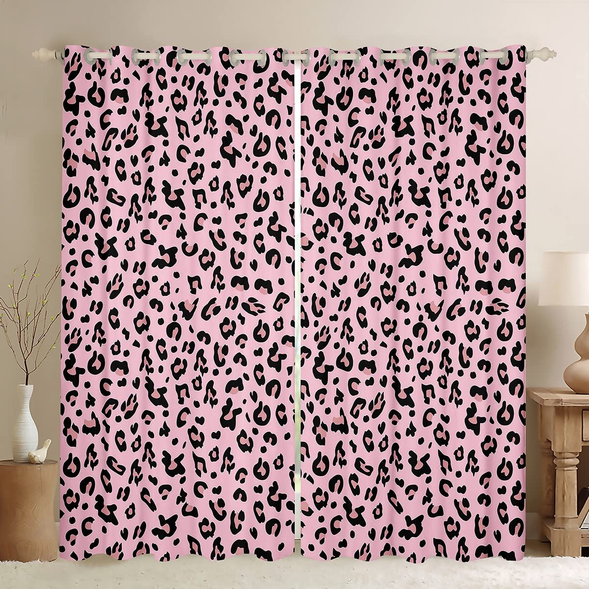 Pink Leopard Curtains Wild Animal Cheetah Window Curtains for For Kids Boys Girls Children Teens Africa Wildlife Window Drapes Window Treatments,W46*L72