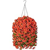 Ammyoo Artificial Faux Hanging Flowers Basket for Fall Outdoor Porch Decor, Fake Silk Colorful Morning Glory Eucalyptus in Planter UV Resistant Look Real for Home Balcony Yard(Orange)