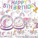 Yingoto 162pcs Unicorn 5th Birthday Decorations for Girl: Unicorn Plates, Napkins, Banner, Hanging Swirls, Tablecloth, Cake Topper - Pink, Purple - Serves 25