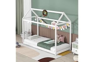 Bellemave Twin Size House Bed,Wooden Daybed,Floor Bed for Toddlers,Teens,Girls,Boys,Kids House Bed Frame Can Be Decorated(White)
