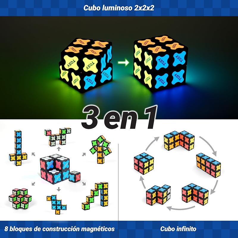 Cubo Íman 2x2 - 8 Blocos, 2 em 1 Brinquedo: Puzzle Magnético e Cubo Infinito Personalizável, Brilha com luz UV, incluindo lanterna UV, Presente de aniversário, Brinquedo sensorial/Stem