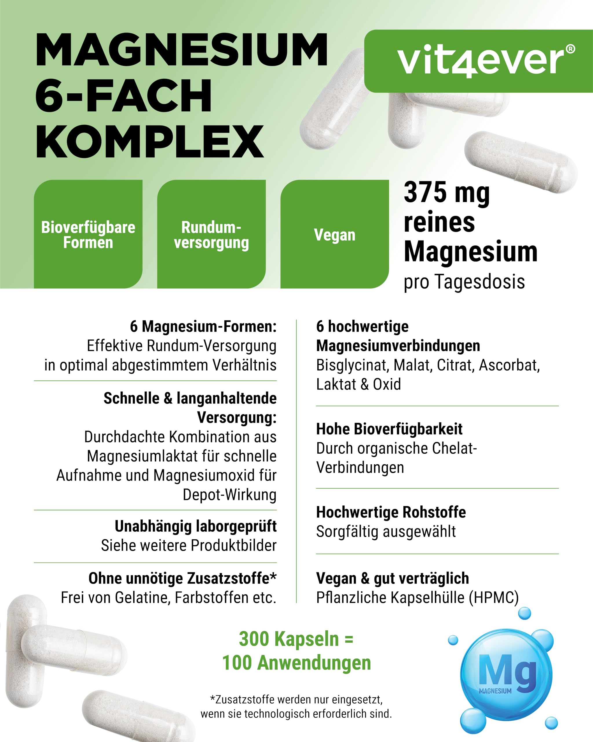 vit4ever Magnesium Komplex hochdosiert 375 mg - 6-fach mit hohem Bisglycinat-Anteil - 300 Kapseln (100 Tage) - mit Citrat, Malat, Ascorbat, Laktat - vegan, ohne unnötige Zusatzstoffe, laborgeprüft 3