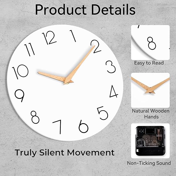 CICININC WALL CLOCK, 16 INCH WOODEN BATTERY OPERATED WALL CLOCKS SILENT NON-TICKING, DECORATIVE WHITE CLOCK FOR LIVING ROOM, BEDROOM, KITCHEN, HOME, OFFICE, SCHOOL, HOTEL