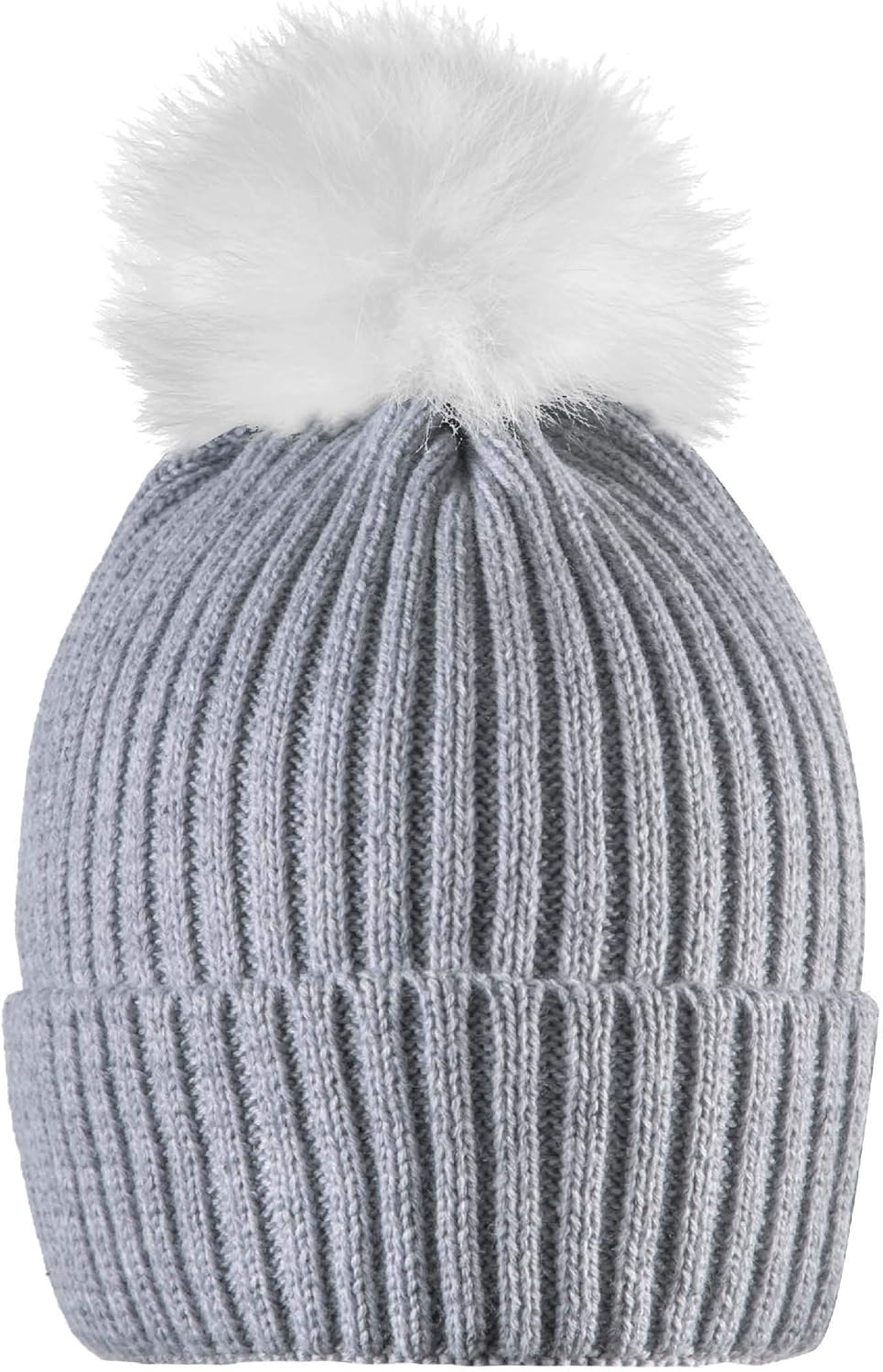 grey hat with fur pom pom