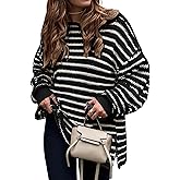 KIRUNDO Women's 2026 Fall Winter Oversized Long Sleeve Striped Sweater Casual Crewneck Side Split Pullover Knit Tops