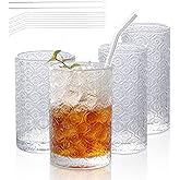 WeirdUncle Set of 4 Vintage Embossed Glassware,2 Collins Glass cups 12oz & 2 Highball Drinking Glasses 16oz, Clear, Art Deco, for Beer, Water, Cocktail, Juice, Whiskey, Gift