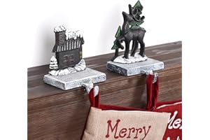 TECANA 3D Christmas Stocking Holders for Mantle Set of 2 - Heavy Duty Cast Iron Stocking Hangers for Mantel | Christmas Tree Reindeer Stocking Hooks | Cottage-Shaped Fireplace Stocking Holders