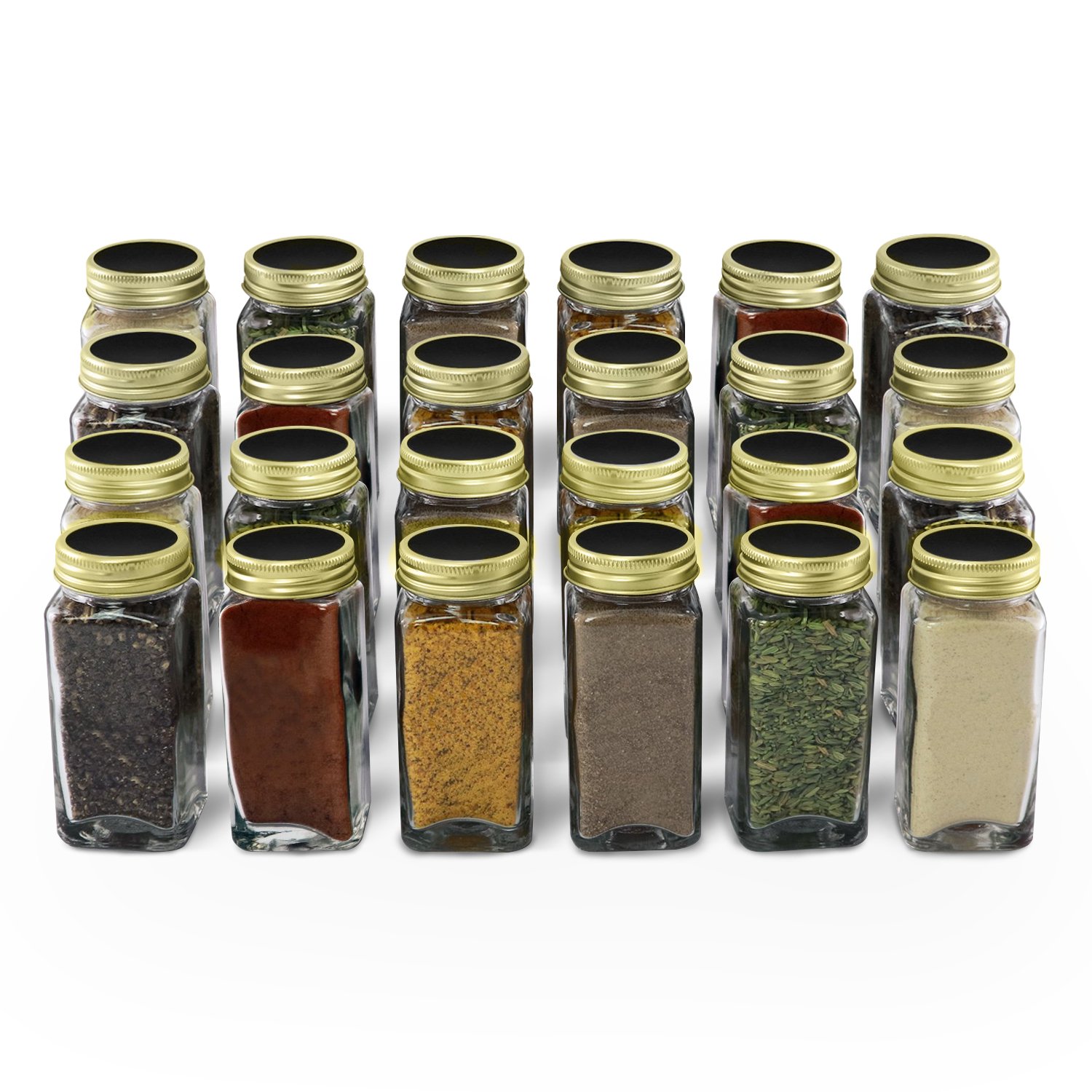 Nellam French Square Glass Spice Jars Set of 24 with Shaker Lids and